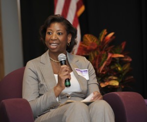 Asheville based attorney and WCU alumna, Jacqueline Grant was the moderator of the event. Photo by Mark Hasket, WCU Office of Public Affairs.