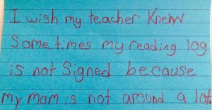 I wish my teacher knew sometimes my reading log is not signed because my mom is not around a lot. 