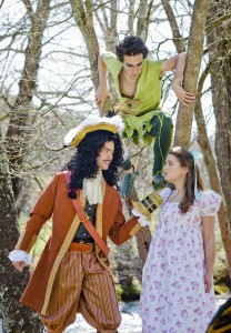Peter Pan (Gallagher) looks down from the trees as Captain Hook ( Culton) makes a point to Wendy (Vanderlinden) in a scene from Western Carolina University’s upcoming production of “Peter Pan: The Boy Who Would Not Grow Up.” Photo courtesy of Ashley T. Evans.