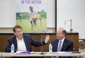 Gov. Pat McCrory (left) and Western Carolina University Chancellor discuss the need for a new science building at Western Carolina University. Photos by Ashley T. Evans.