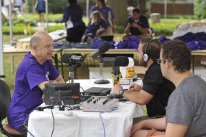 Power 90.5 students interview Chancellor Belcher on Freshmen Move-In Day. Photo by Mark Haskett.