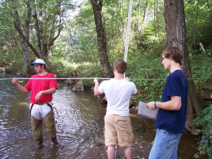 Introduction to Environmental Science students measure characteristics of Cullowhee Creek's stream channel. Photo by Laura DeWald.