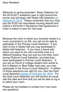 Email received by a student on Jan. 10 from Lisa Surber telling them that they will not be able to keep their current room in the upcoming room selection