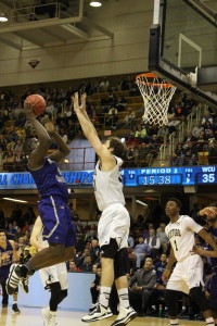 Catamount Forward, Torrion Brummitt attempts a contested shot against Wofford, March 5, 2016. Photo by Calvin Inman.