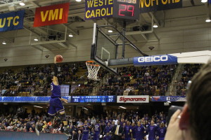 Catamount Forward, Justin Browning launches for a monstrous dunk, March 5, 2016. Photo by Calvin Inman