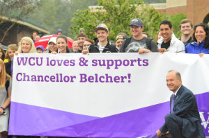 Students show support for Chancellor Belcher. 