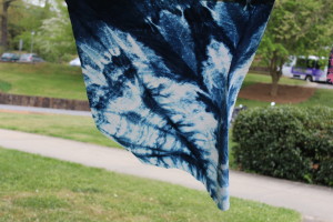 One of the finished fabrics dyed with indigo hung outside of Hunter Library. Photo by Julia Hudgins 