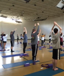 A beginners yoga class practices sun salutations. Photo by Haley Smith