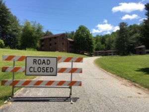 The road to the old staff/faculty housing is blocked as construction begins, May 13, 2016. Photo by Jeff Grant.