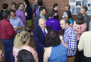 Chancellor Belcher greets people at the Open Assembly. Photo by the WCU PR Office. 