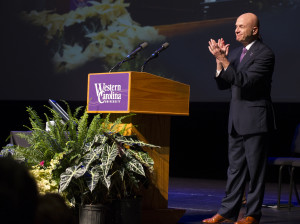 Chancellor Belcher addresses the crowd gathered at the annual Open Assembly. Photo by WCU PR Office. 