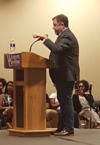 Tim Wise, talking to a full room of WCU students and community members on Sept. 15, 2016. Photo by Rachel Plouse.