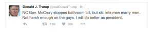 Trump tweets claiming McCrory is not harsh enough on the gays