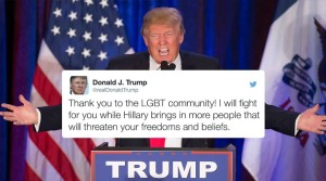Photo and tweet from Trump claiming he will fight for the LGBT community. Photo courtesy of Distractify