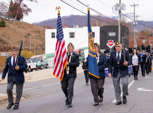 American Legion color guard marches on Sylva, NC on Veterans Day. Nov. 11, 2023. Photo by Daniel Reid.