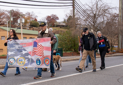 Jackson County Veterans Organization marches at the 2023 Veterans Day parade in Sylva, NC. Nov. 11, 2023. Photo by Daniel Reid.