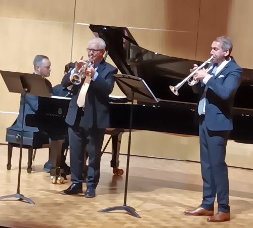 Left to right: Kevin Seal, piano; Brad Ulrich & Paul Merkelo, trumpet; Photo by Becki Veach