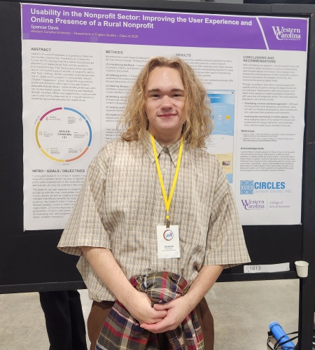 Spencer Davis in front of research poster at NCUR26 in Richmond, VA